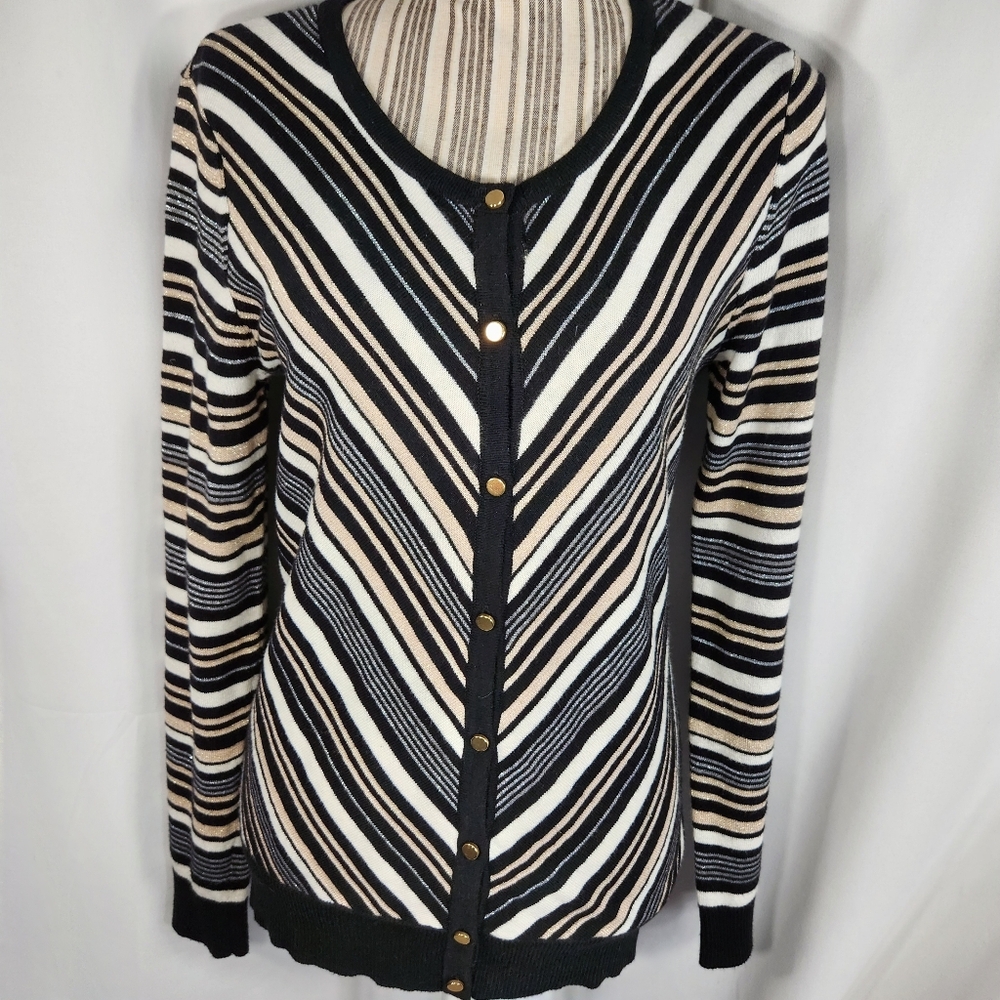 7th Avenue NWOT Black Tan White Grey Sparkly Asymmetrical Stripe Cardigan Medium